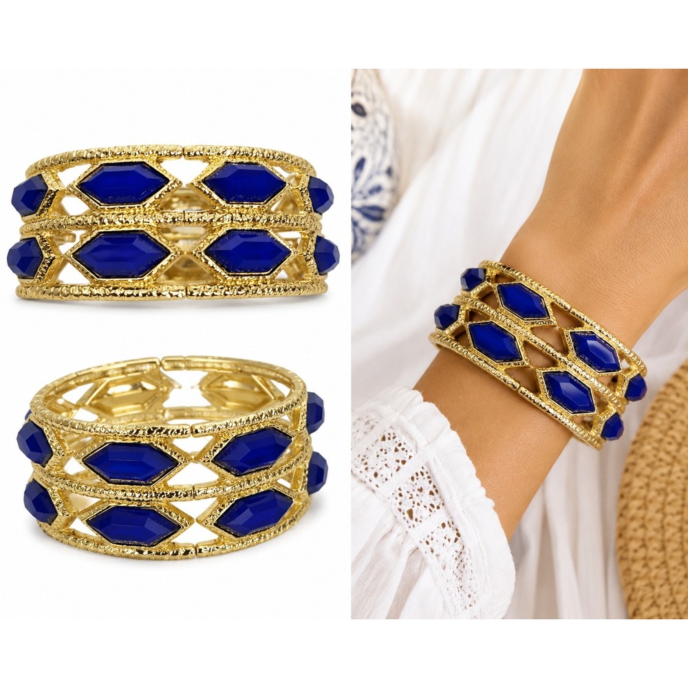 Women's Gold Blue Stretch Bracelet Bangle Boho Coastal Resort Statement Jewelry